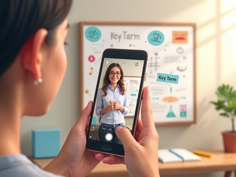 Young educator in cozy room filming educational video with smartphone. Confidently speaking to camera. Small whiteboard with diagrams in background. Visual elements include animated text overlays and educational icons. Modern bright style with soft textures.