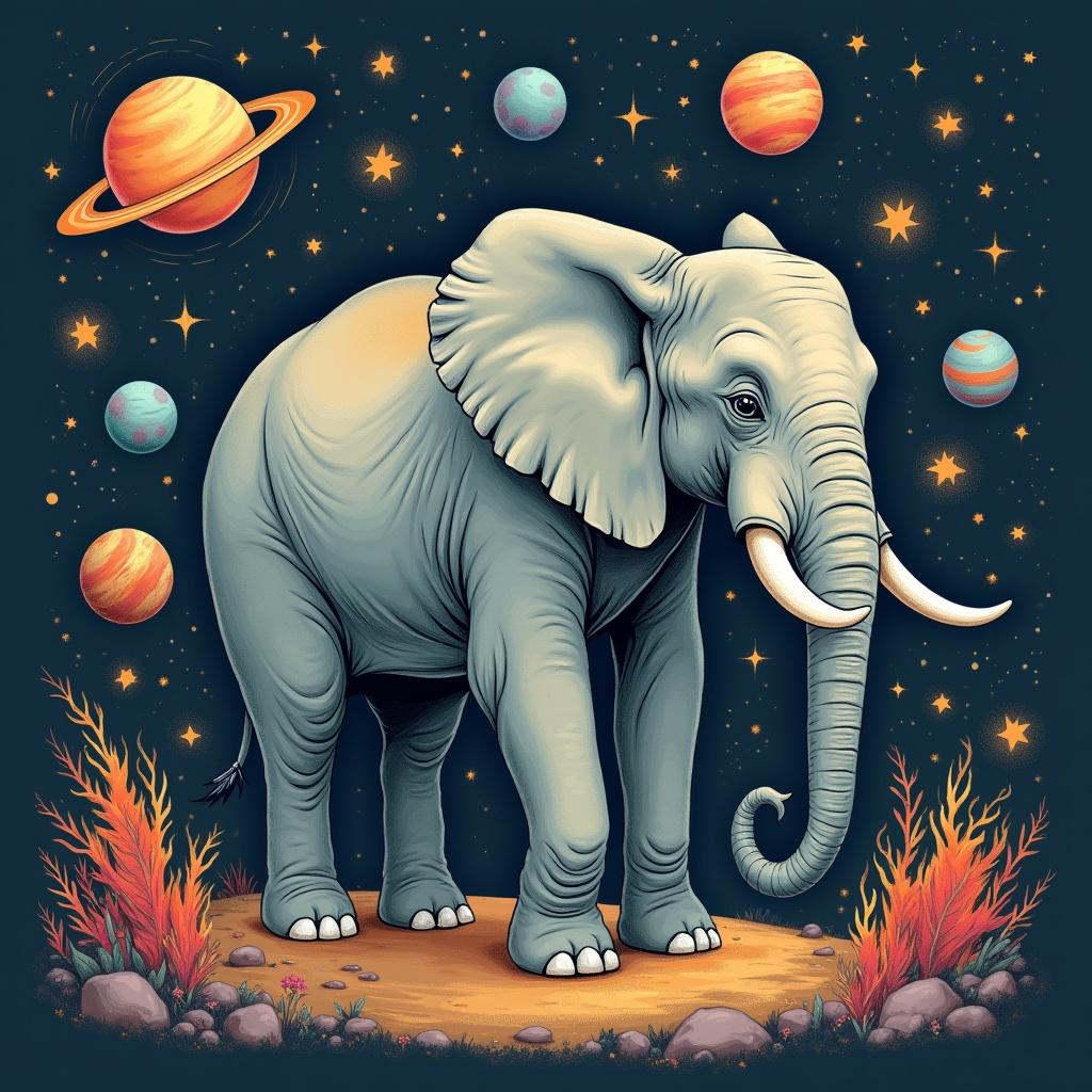 Elephant stands against cosmic background. Stars swirl around it. Planets float in space. Bright colors highlight the scene.