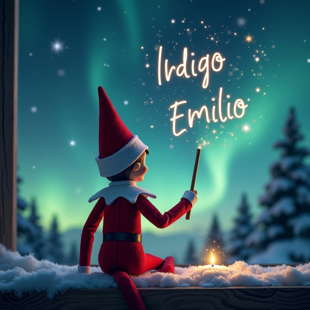 The image showcases an elf on the shelf with its back turned towards us, gazing at a spectacular display of northern lights. In its hand, it wields a magic wand, elegantly writing the names 'Indigo' and 'Emilio' in the sky. The backdrop features a peaceful winter scene with snow-covered trees and distant hills. A gentle glow from a nearby candle illuminates the elf, enhancing the magical atmosphere. This whimsical portrayal captures the essence of Christmas wonder and joy for children and families alike.