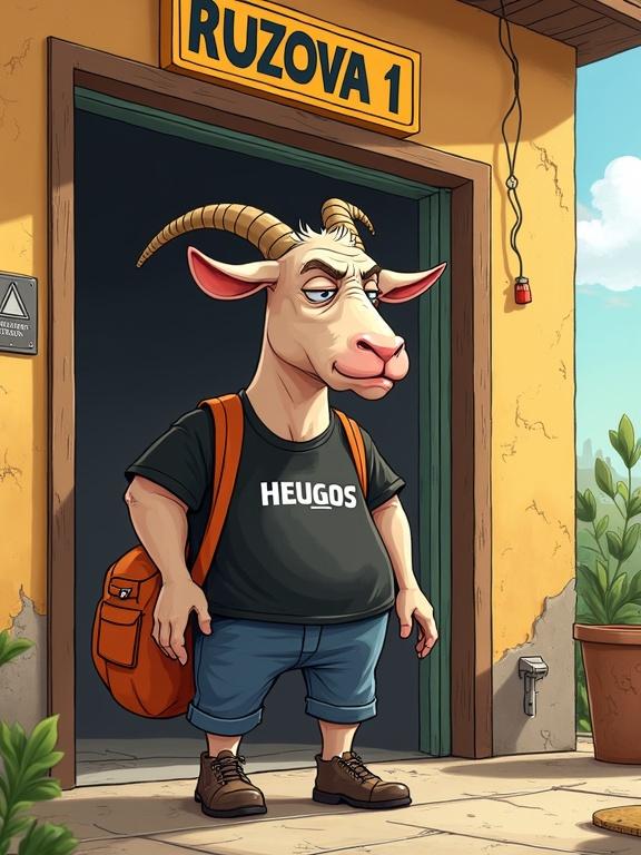 A cartoon-style scene depicts a grumpy humanoid goat with sweat visible wearing a black shirt with HELGOS. The goat stands in front of a panel building with a sign reading RUZOVA 1. A heavy tool bag is slung over its shoulder. The sun shines intensely, creating heat waves. The goat frowns and exhibits an exaggerated, humorous facial expression. The art style is colorful and cartoonish.