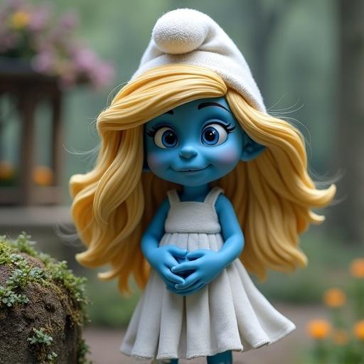 A Smurfette with telekinesis powers portrayed as a cute animated character. She has blue skin and long blonde hair. Dressed in a flowing white dress. Set in a picturesque forest background with soft lighting.