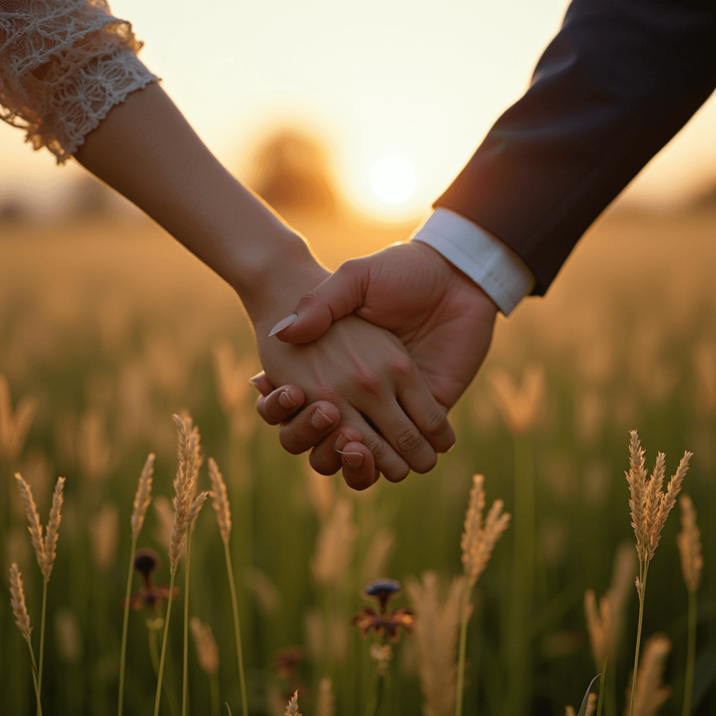 A couple holding hands in a sunlit field at sunset, symbolizing love and connection.