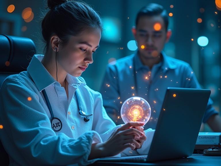 AI seamlessly integrated into daily life activities. A young woman holds a glowing light bulb while working on a laptop in a dimly lit office. A man is visible in the background, creating a collaborative environment.