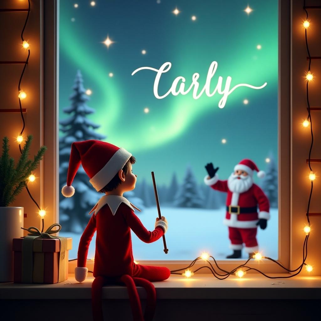 A cozy Christmas scene features an elf on the shelf. The elf sits with its back to the viewer, holding a wand. It writes 'Carly' in the sky. Outside the window is a magical winter landscape with northern lights. Santa Claus waves in the background. The atmosphere is festive with warm string lights. The elf wears a red suit and hat.