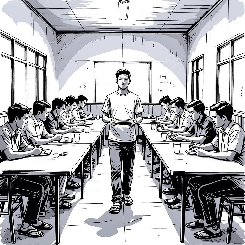 A young Filipino man stands in a dining hall serving at a table. Long tables are filled with men and adolescents on either side. All individuals face inward towards the server in the room's center. The style is a clean line drawing.