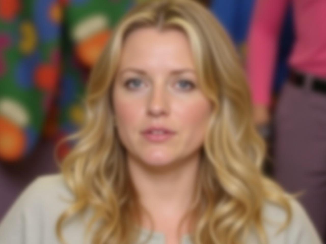 The image shows a close-up of a person with wavy blonde hair. The person is wearing a light-colored top. The background is blurred with colorful shapes, possibly clothing or fabric. The focus is on the hair and upper part of the person's body. The expression of the person is not visible due to the blurred face.