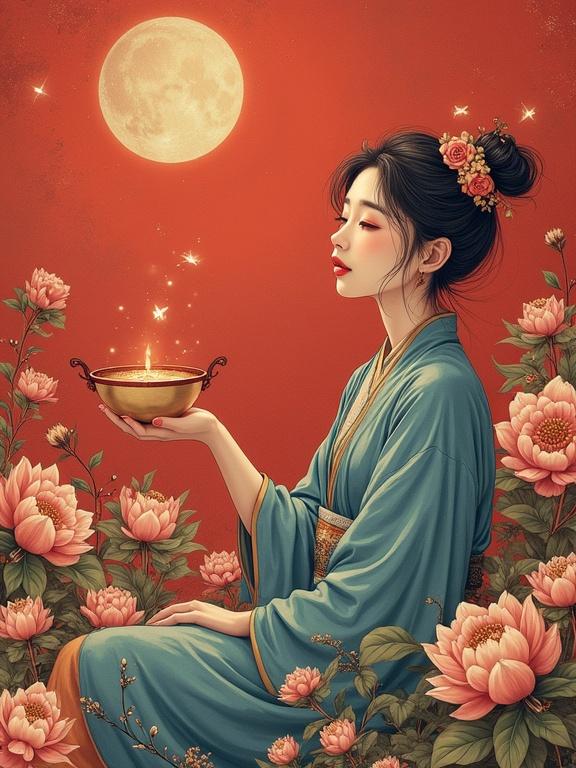 A dog in a red robe stands proudly against a scenic background. Mountains and a river are visible. A large moon adds warmth to the landscape. The scene is filled with vibrant autumn colors.