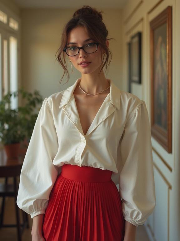 Model wearing a white blouse and a red pleated skirt. She has glasses and updo hairstyle. Natural light sets a warm atmosphere. A beautiful face with a slight smile. Background has indoor plants and artistic decor.