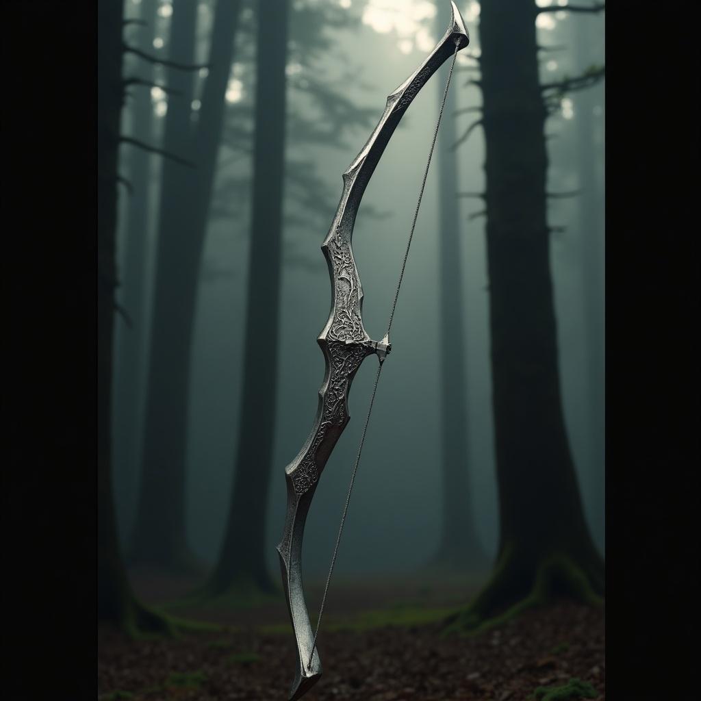 A silver hunter's bow designed in a fantasy style. The bow is featured in a foggy forest, highlighting its ornate design and craftsmanship. The setting evokes a mystical atmosphere.