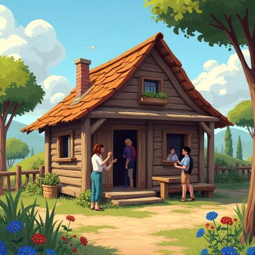 Wide scene featuring a wooden cabin made of old wood. Group of cartoon characters interacting outside the cabin. Bright and cheerful setting with nature.