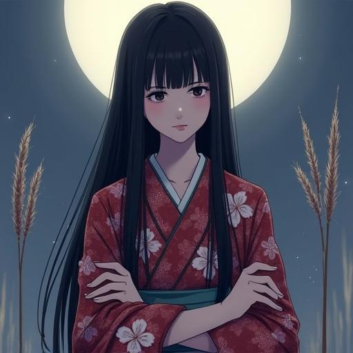 A woman in traditional Japanese attire stands in front of a full moon. She has long black hair and wears a red floral kimono. The scene is illuminated by soft moonlight. Swirling reeds are in the background. The woman appears introspective with arms crossed. The art style is modern anime with smooth lines.