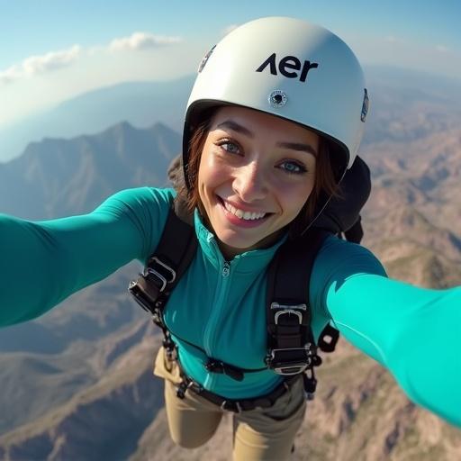 A stunning young woman enjoys tandem paragliding over Montsec mountains in Spain. Her expression shows exhilaration with wide open eyes and a radiant smile. She wears a turquoise jacket and beige trekking pants. Natural lighting illuminates her against a clear sky with mountains below. She takes a selfie with a stick. The image captures a thrilling moment in ultra-HD realism.