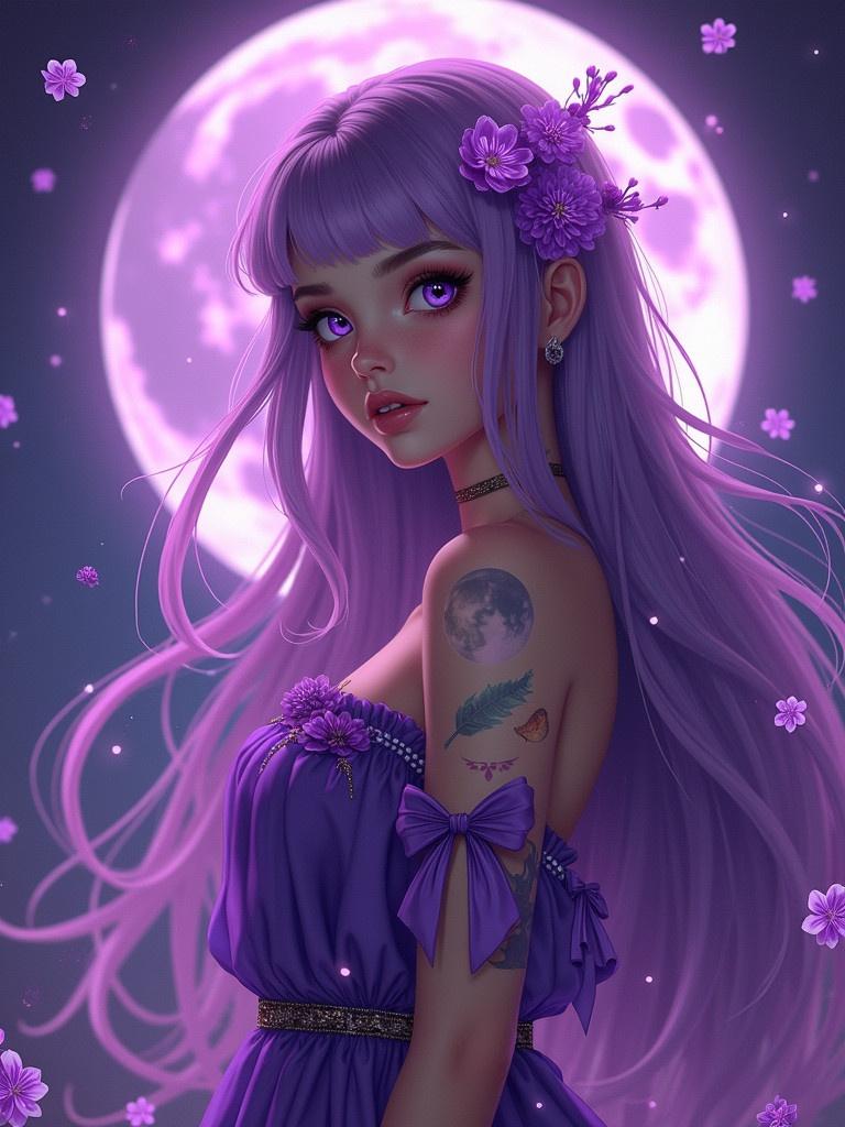 Lightskin girl with long purple hair. Purple moon in the background. Girl is wearing a purple fancy dress. Tattoo of a planet on the arm. Surrounded by purple flowers and leaves. Soft purple light coming from the moon.