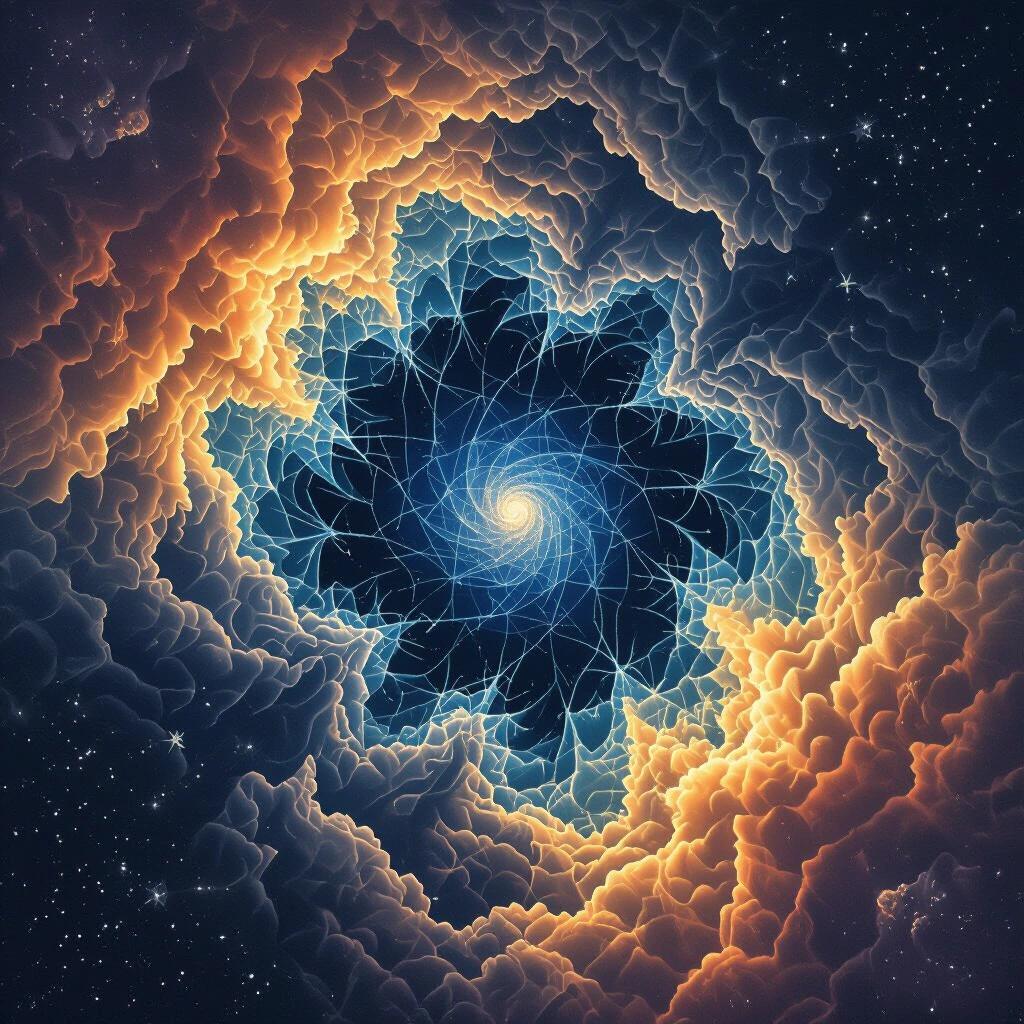 A sky inspired by Mandelbrot patterns. Swirling spirals and cloud formations. Bright colors blend together. Deep blues and oranges create contrast. Stars twinkle in the background.