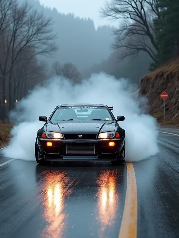 A black Nissan GT-R R34 drifts on a wet mountain road. The car's headlights blaze through mist. Wide-body frame sprays water and smoke. Tires screech on slick asphalt. Reflections shimmer beneath the car. Skid marks twist behind it. Front wheels turned sharply. Backdrop has bare trees and road signs. Trail of red tail light reflections and tire smoke creates a sense of power and chaos.