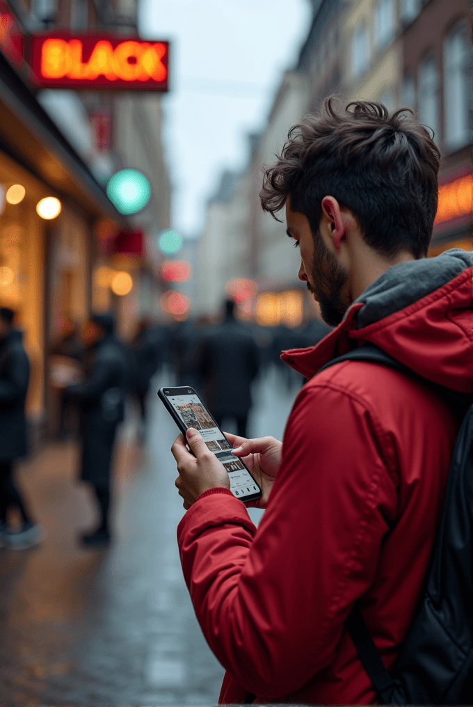 A person in a red jacket uses a smartphone on a bustling city street with vibrant neon signs and a blurry background.