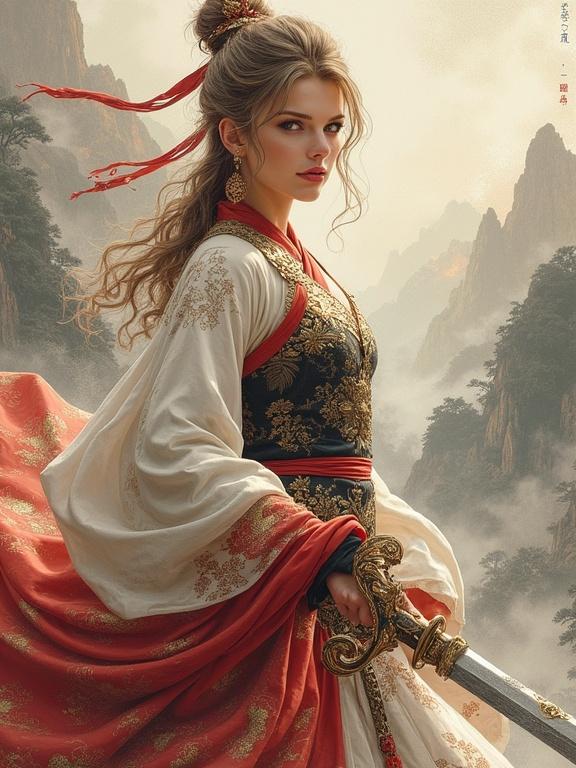 Ultra-detailed portrait of a female warlord dressed in Han dynasty armor. Features flowing sleeves and a guqin-shaped sword. Background includes a misty mountain battlefield. Lighting is dramatic with chiaroscuro. Art mimics digital gouache on silk.