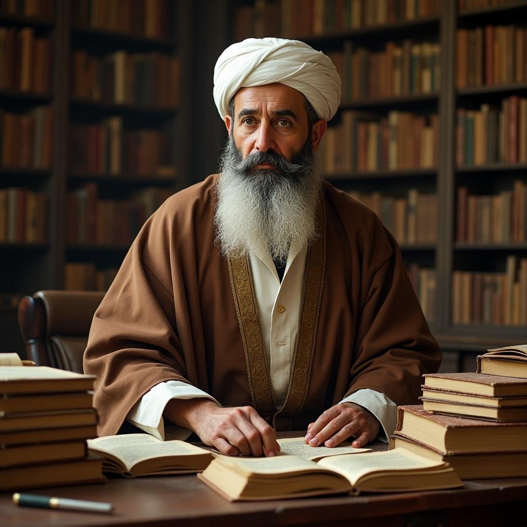 Portrait of a scholarly man with a beard and turban sitting at a table filled with books. Warm atmosphere with a library backdrop. Traditional attire. Focus on wisdom and education.