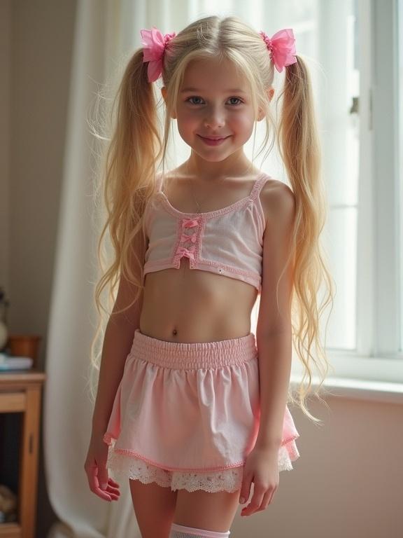 A young girl with long blonde hair and twin tails tied with pink bows. She wears a short crop top and a pale pink micro-skirt. Her outfit includes thigh-high socks with lace detail and simple black shoes. The setting has a soft lighting from the window and a casual indoor environment.