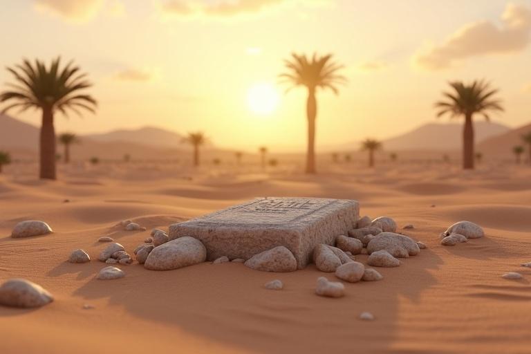 A quiet unmarked grave in a desert. Surrounding rocks scattered around the grave. Palm trees sway gently in the background. A soft golden sunset casts a warm glow. A sense of peaceful spirituality fills the atmosphere. The scene is rich with Islamic reverence and intricately designed in photorealistic 3D.