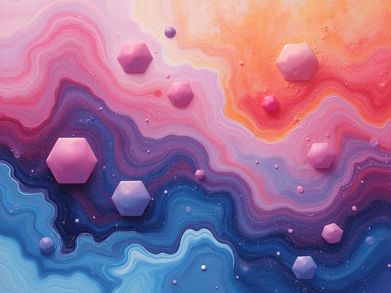 Abstract fluid art painting features hexagonal shapes. High globule count creates texture. Flat composition provides a vibrant visual experience.