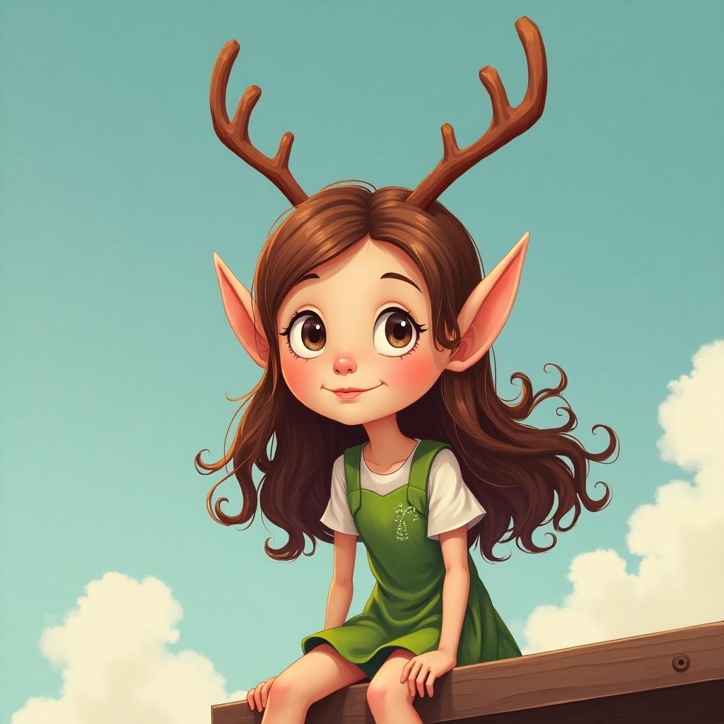 A whimsical illustration of a young girl with elf-like features. She has long, brown hair and large, expressive eyes. The most striking aspect is her antlers that emerge from her head, giving her a magical appearance. She wears a green dress with a white top, sitting happily on a ledge. The background features a bright blue sky with fluffy white clouds. In the sky, the name 'Alana Hertler' is written playfully. This character embodies a sense of innocence and charm, making her enchanting for children.