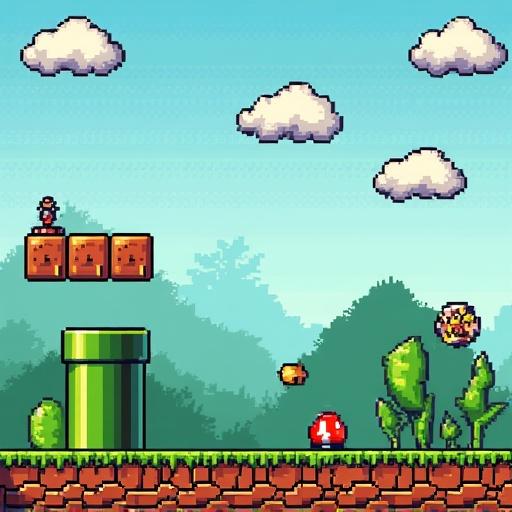 Spritesheet for a 2D video game in Super Mario Bros style with cartoon tiles for gameplay