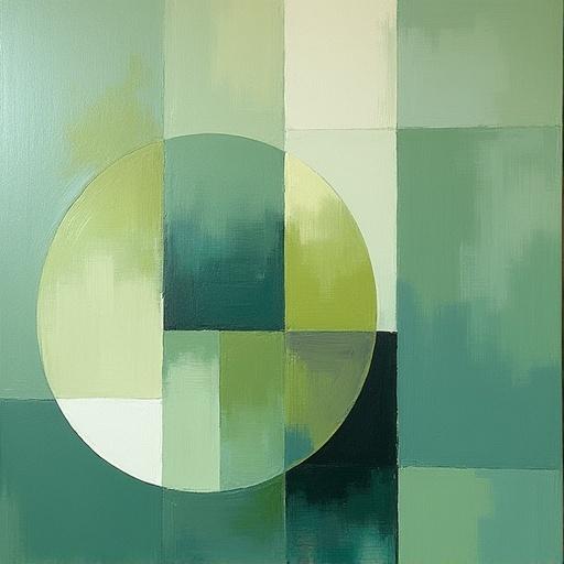 Mid-century modern sage green art with abstract shapes. Features a large circular form and rectangular sections. Focus on green tones and simplicity. Suitable for home and office decoration.