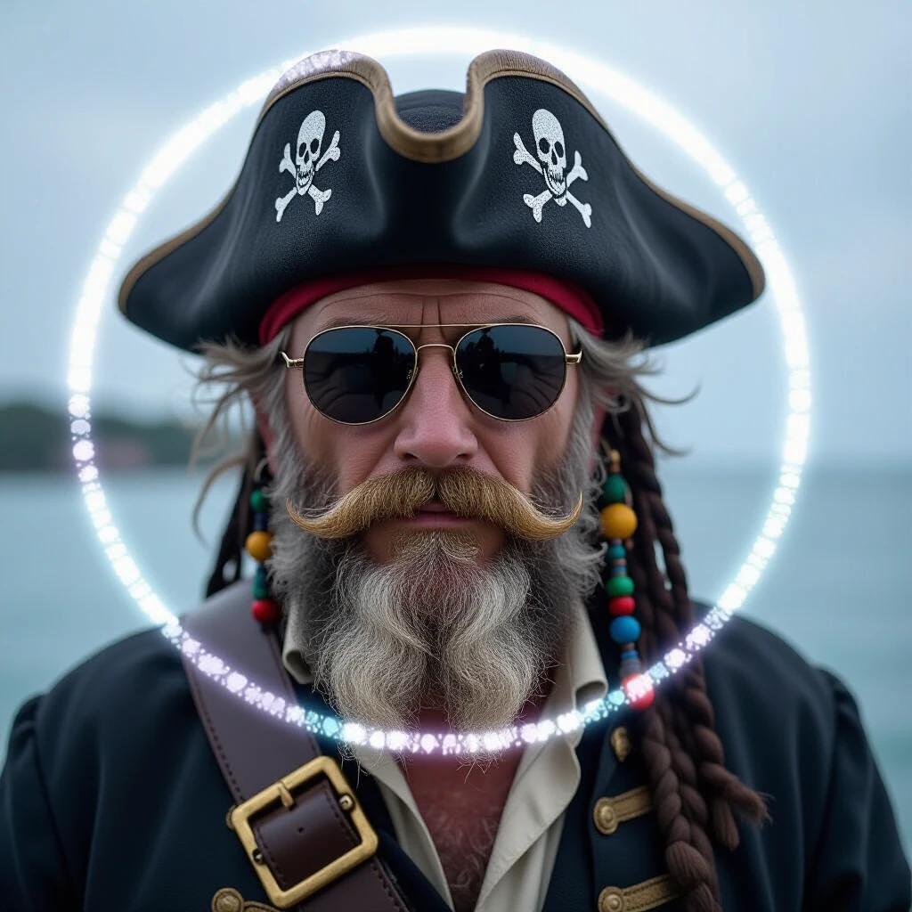Pirate with black beard wearing glasses and a hat carrying a colorful aura. Ocean in the background with cloudy sky.