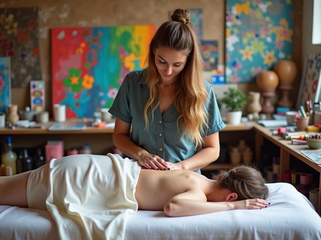 An innovative massage therapist is providing a massage in a bright, artistic studio filled with colorful paintings. She is focused and skilled, using her hands to apply various techniques. The session highlights not only relaxation but also creativity as the environment is vibrant and inspiring. The natural light enhances the warm colors of the artwork, creating a serene atmosphere. This experience illustrates the blend of therapy and artistic passion.