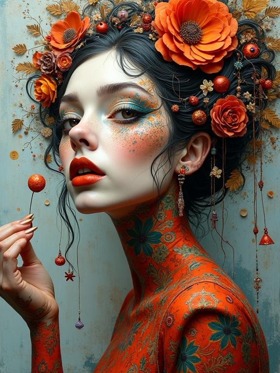 Lady with intricate floral body art in vibrant colors. Whimsical and surreal composition with a focus on fine details. Feminine aesthetic with a modern twist.