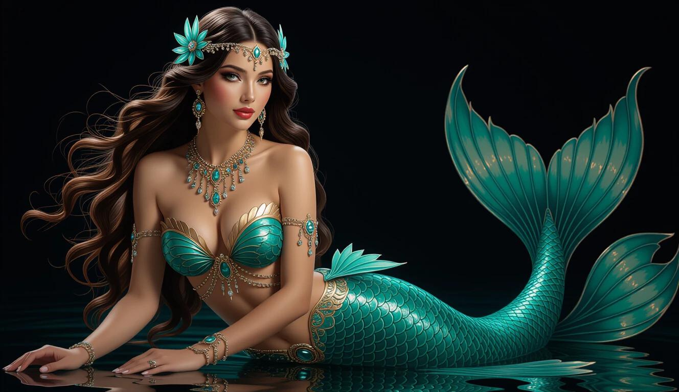 A full-body mermaid with long flowing hair is adorned with intricate jewelry and wears a detailed teal costume. Background is black with no elements, focusing on the mermaid. Soft lighting highlights her contours and scales, giving a mystical glow. The composition is clean and dramatic, emphasizing elegance and detail.