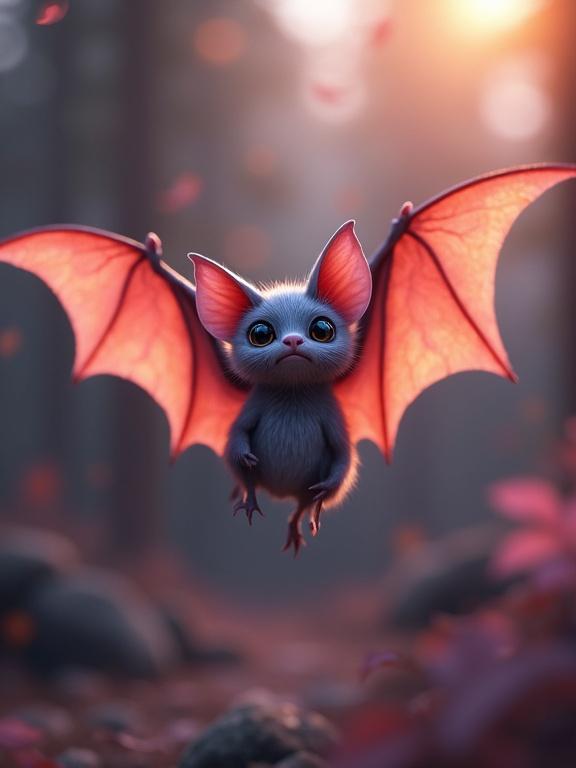 A cute flying bat rendered in 3D. The bat has vibrant colors and detailed features. The setting is a fantasy world with soft lighting. The artwork evokes a sense of magic and whimsy. A masterpiece in fantasycore style.