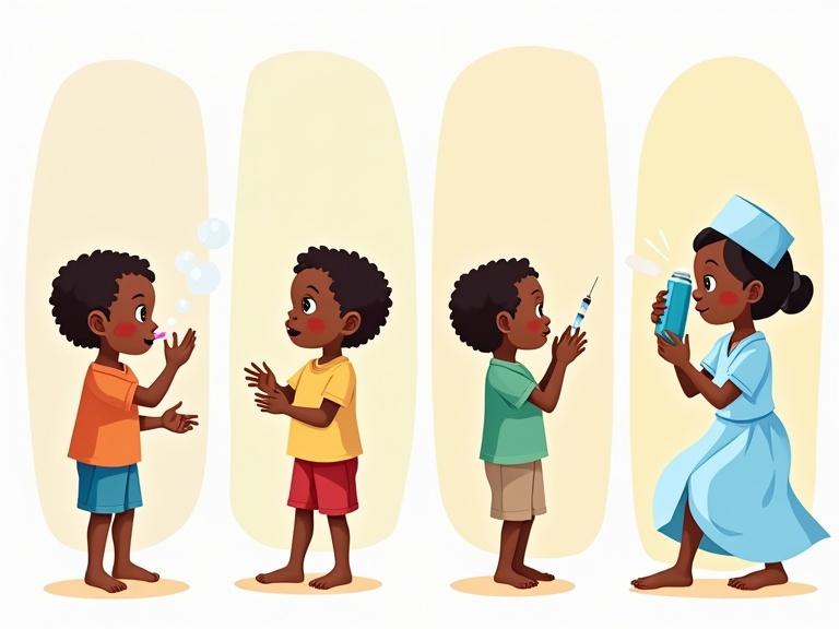 A clear illustration with four panels. Each panel shows a different way drugs are taken by a Nigerian child. First panel: child swallowing a tablet with water. Second panel: child applying cream to their arm. Third panel: nurse administering an injection. Fourth panel: child using an inhaler. Bright colors and simple design appropriate for young pupils.