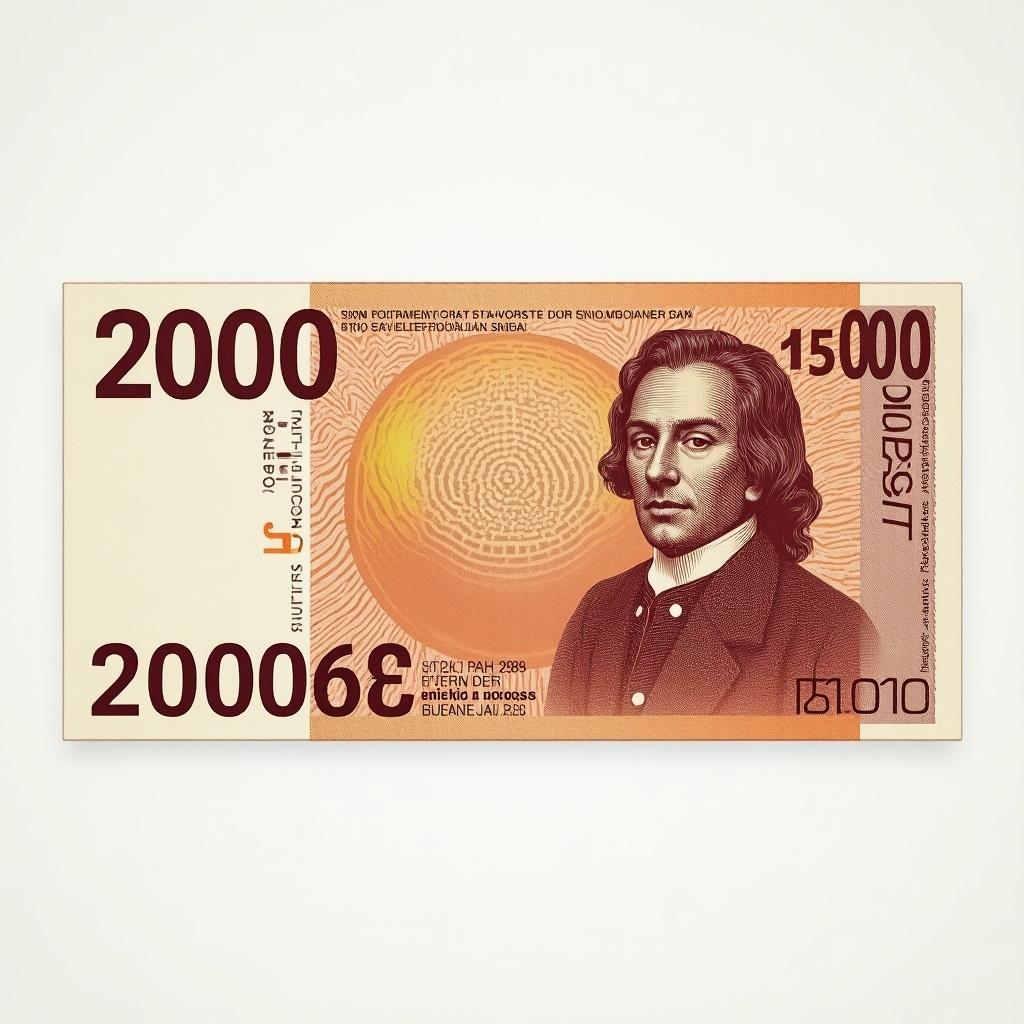 Redesigned Hungarian banknote featuring a historical figure. Orange and beige color scheme. Includes denomination details and abstract design elements. Modern aesthetic with clear portrait.