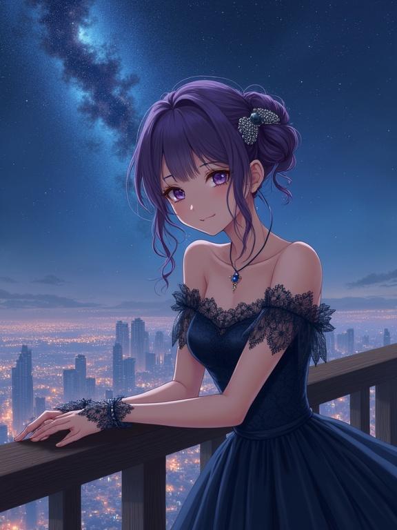 A semi-anime woman has updo violet hair with a silver hairpin. She has fair skin and large expressive eyes with a melancholic gaze. She wears a dark navy blue dress with intricate lace. The lace is sheer in areas. She has silver bracelets and a delicate necklace. She leans on a wooden handrail and looks at the viewer. The background has a starlit sky with the Milky Way and a glowing cityscape below. The overall atmosphere is serene.
