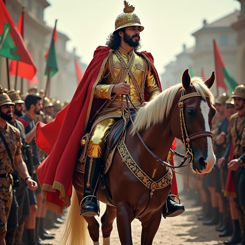 A victorious scene depicting Louis XV in golden armor riding a horse during a celebration. The backdrop features soldiers and festive flags. The atmosphere is lively with an emphasis on victory and historical significance.