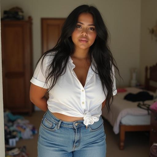 Chubby woman poses in a messy bedroom wearing skinny jeans and a white shirt. Big pouty lips and long black hair add to the casual look. Clothes on the floor and an unmade bed enhance the atmosphere. Warm natural lighting gives a cozy feel.