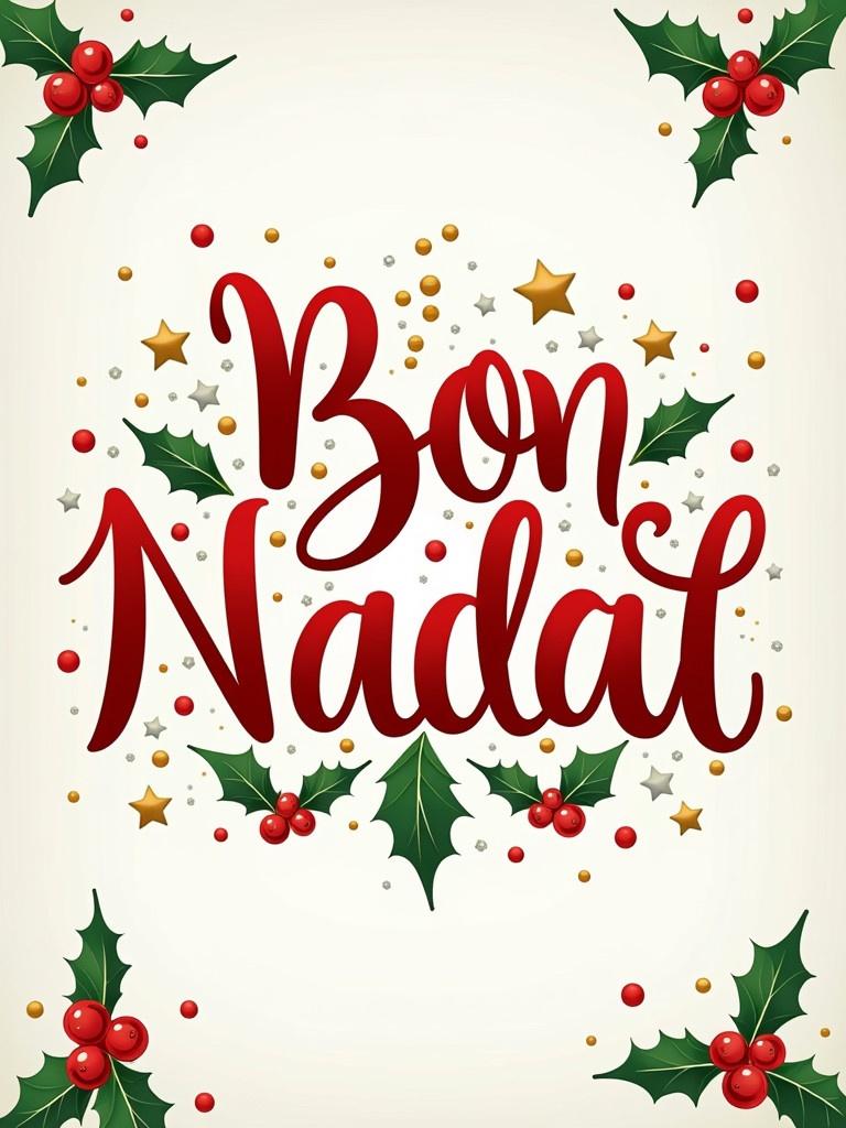 A Christmas greeting with strong typography featuring the phrase Bon Nadal. The design includes holly leaves and red ornaments as a border. The atmosphere is festive with bright colors, conveying a cheerful and warm holiday spirit.