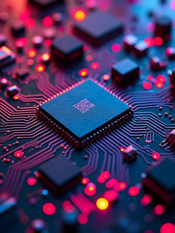 Close-up image of a microchip on a printed circuit board with vibrant LED lighting. Electronic components are prominent with a mix of bright colors. The backdrop features intricate circuitry.