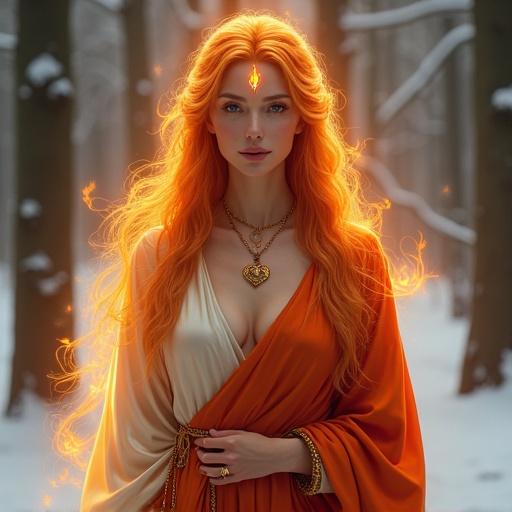 Mature female fire spirit facing forward. Calm and loving expression. High cheekbones, gentle contours. Ember-orange glow in eyes. Flickering flame sigil on forehead. Hair in flame-like waves. Golden tiara shaped like a hearth. Robe of crimson silk. Gold and amber jewelry. Surrounded by shimmering flames. Snowy mystical forest background. Majestic and sacred scene.
