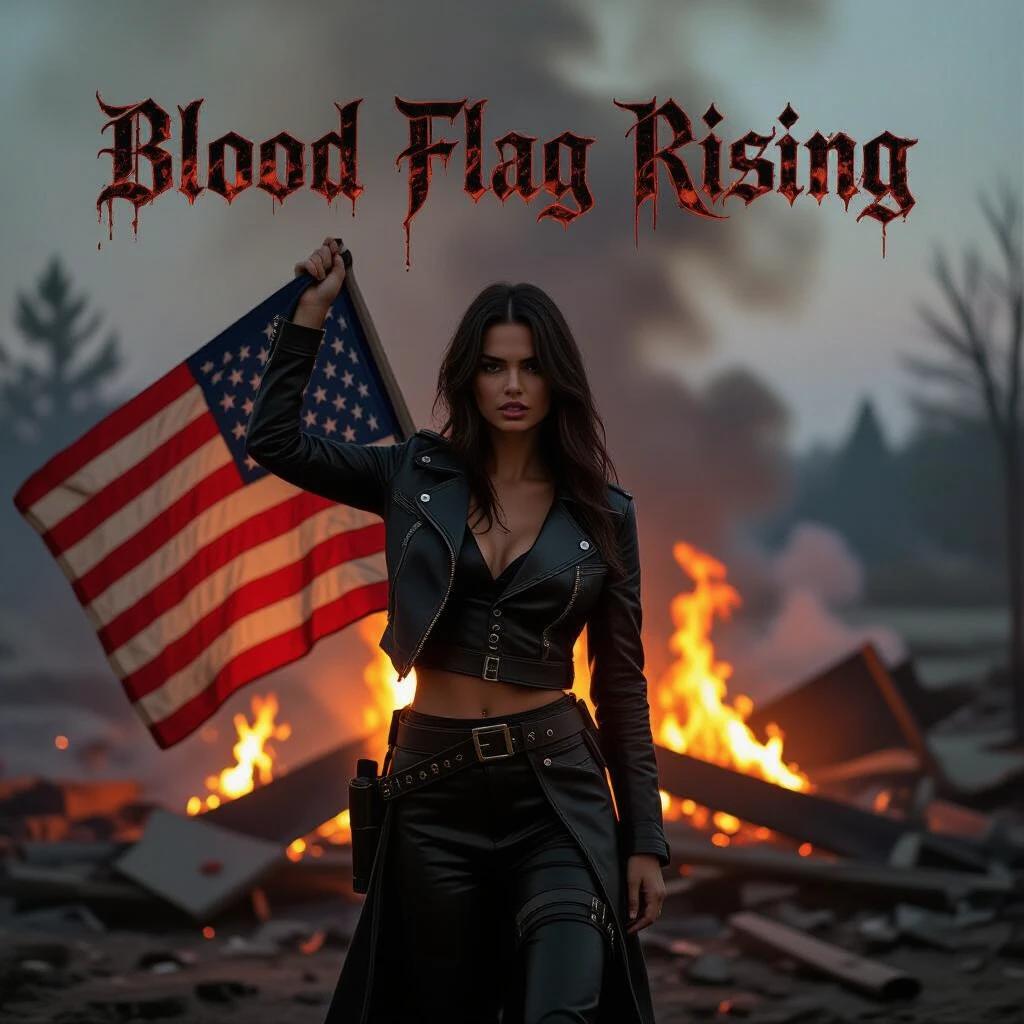 Title displayed in military-style font above a scene of flames. Emily Ratajkowski holds an American flag extracted from burning debris. Side lighting creates flickering effects with ambient ash present.