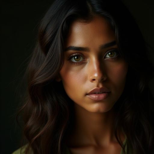 Portrait of a woman with wavy hair and green eyes Dramatic lighting highlights features against dark background Evokes intimacy and mystery