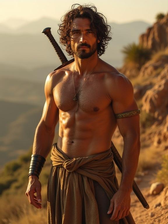 A ruggedly handsome Israelite man stands confidently on a rocky hillside under morning sunlight. He has a strong, muscular build and olive-toned skin. His expressive face has deep-set brown eyes and thick, dark wavy hair. A bronze armband is on one bicep and his sword rests behind him. The atmosphere feels sacred and wild, with a cinematic quality.