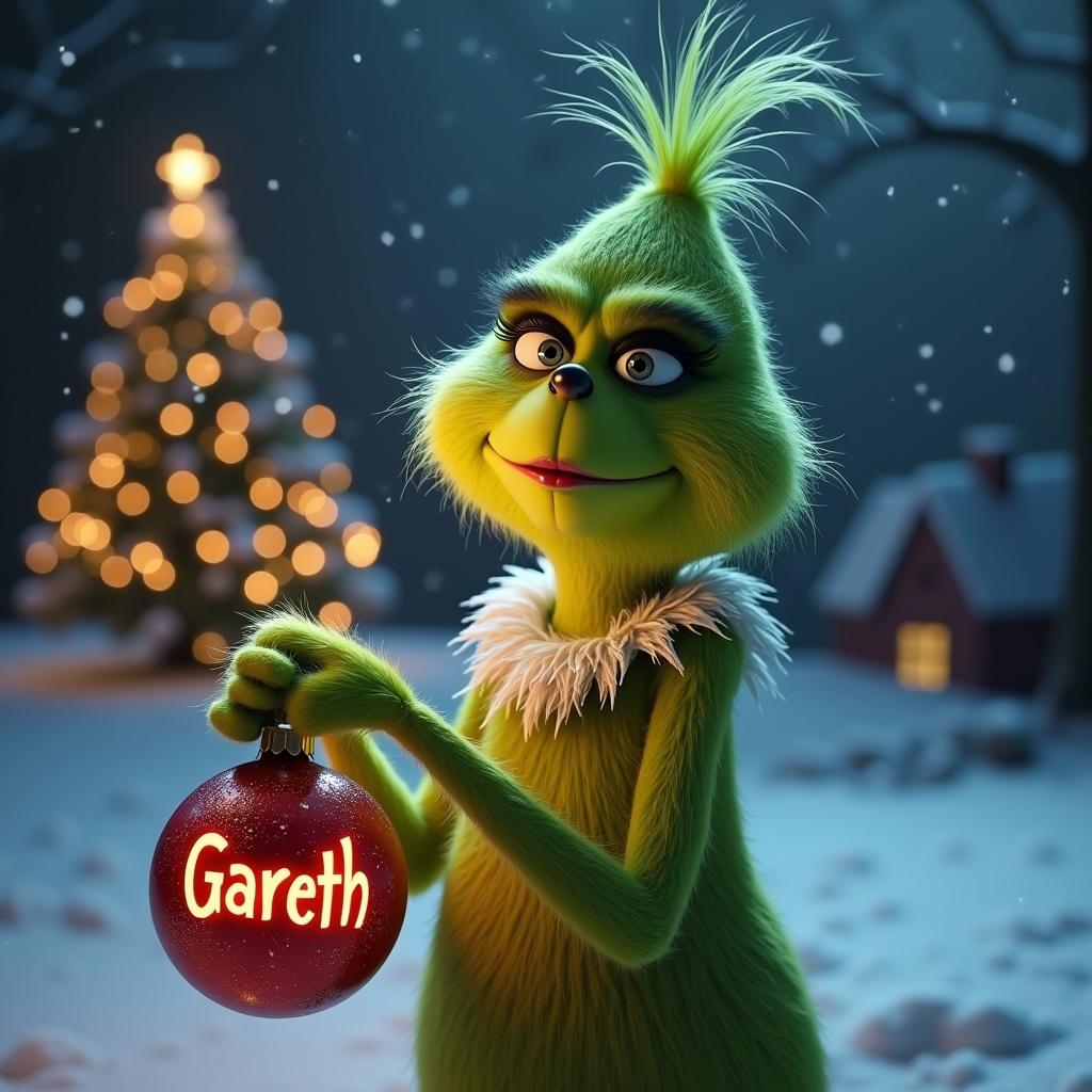 Grinch character holds a Christmas bauble with name Gareth. Snowy background is decorated with Christmas lights.