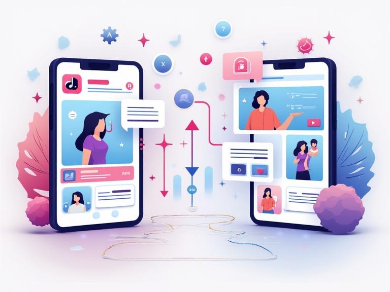 Digital illustration of a split screen. One side shows TikTok with a video creator. The other side displays an online store using platforms like Gumroad or Shopify. Arrows indicate traffic from TikTok to the online store. The store shows digital products like eBooks and templates. Background includes data streams and engagement metrics.