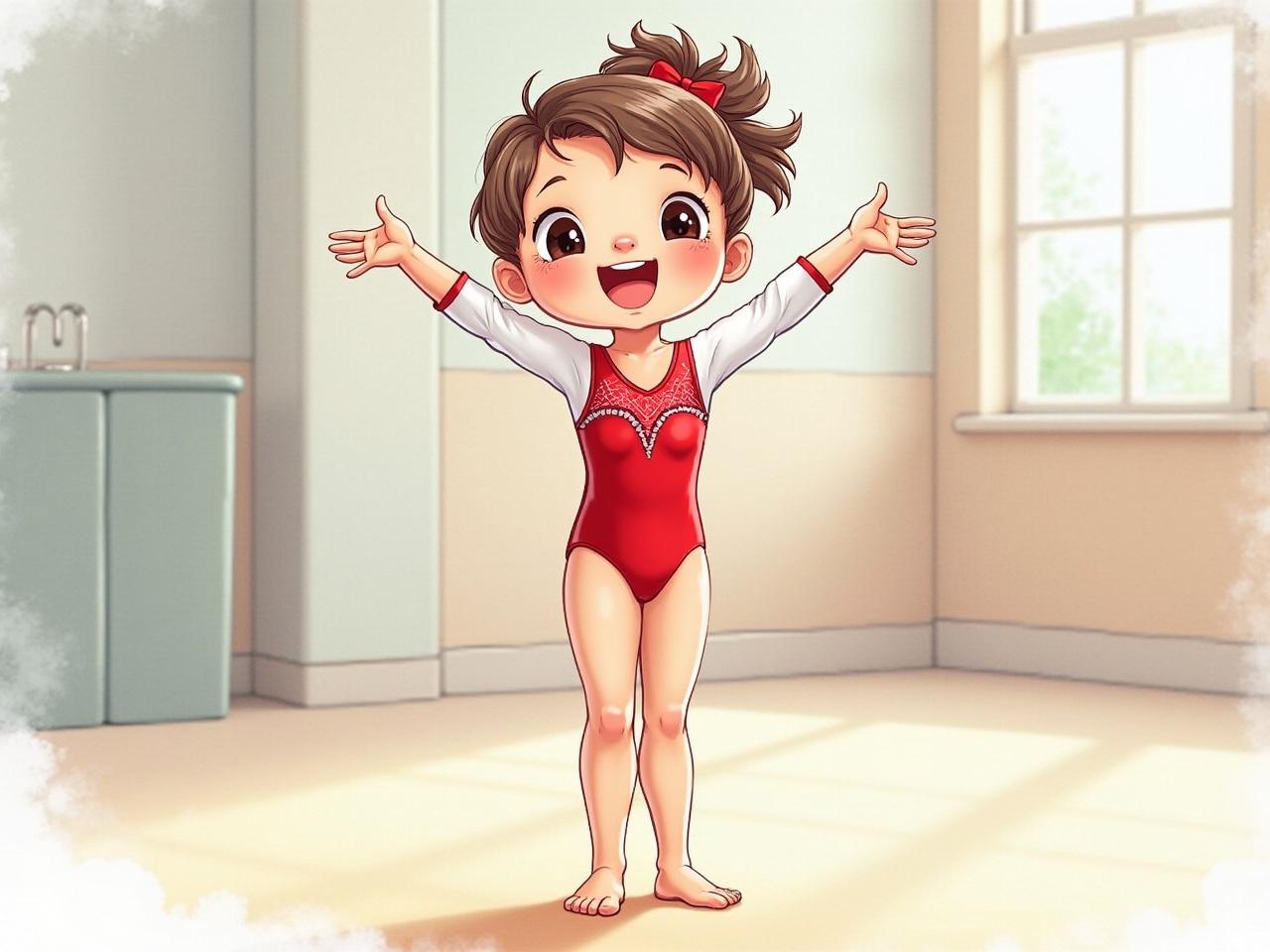 A charming illustration depicts a young girl in a red gymnastics leotard with her arms outstretched, standing in a bright room. Her expression is joyful and exuberant, capturing a moment of youthful enthusiasm. The soft lighting and warm tones create a cozy and inviting atmosphere, highlighting her cheerful presence.