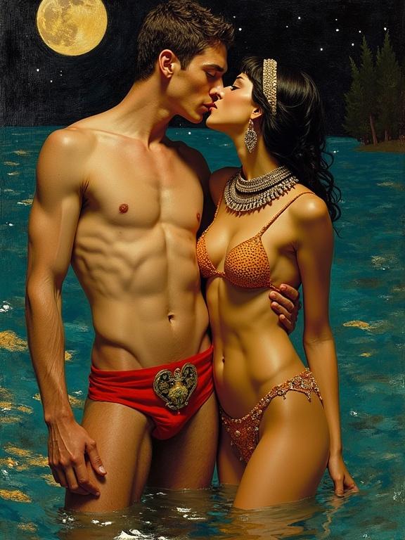 Romantic couple stands in moonlit water. Male model wearing red bikini. Female model in decorative bikini. Soft lighting creates a dreamy atmosphere. Intimate moment captures love and closeness. Beauty of the human form celebrated. Artistic inspiration from Klimt's style.