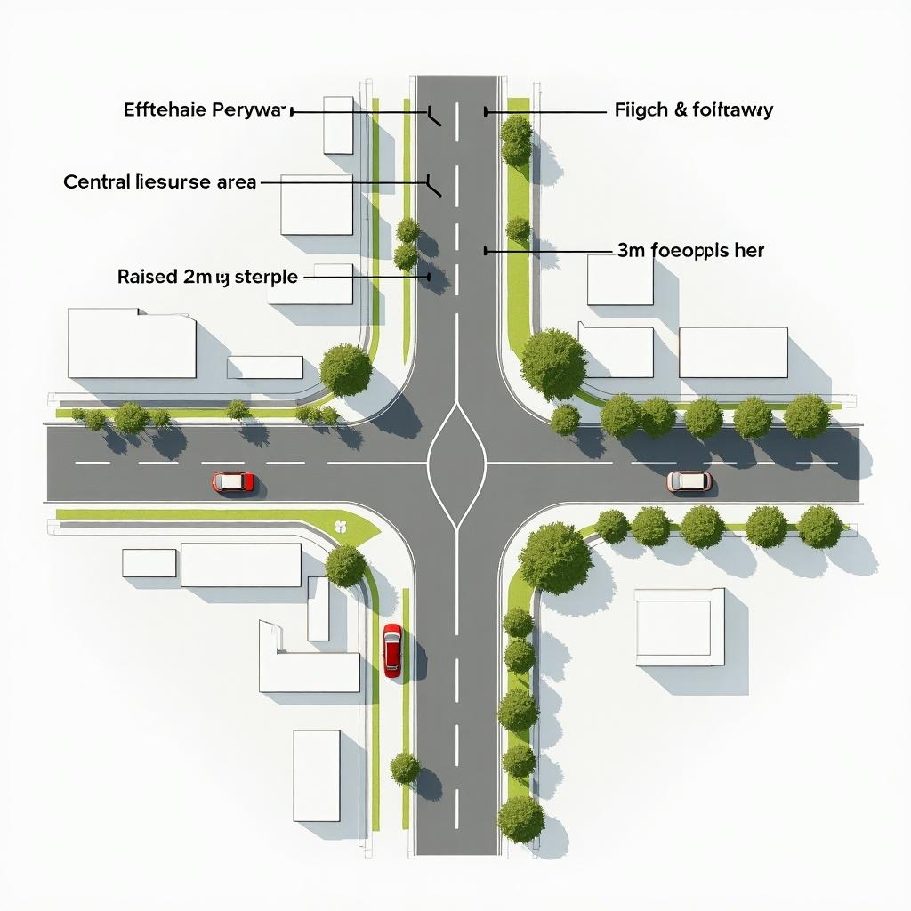 This image demonstrates a cross-section of a road designed for both vehicular and pedestrian access. On the left side, there is a 2m footpath for pedestrians. Adjacent to the footpath is a 3m carriageway providing space for vehicles. The central reserve area is 4m wide, allowing for safe separation. Another 3m carriageway follows, leading to a raised 2m cycle path for cyclists. Finally, another 2m footpath appears at the end, ensuring accessibility for pedestrians. The layout is clear and suitable for urban development discussions.