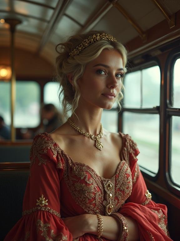A regal mother dressed in a luxurious deep red gown sits elegantly on a bus. The ambiance is soft with natural light. The gown features intricate embroidery and a beautiful neckline. Accessories include a matching necklace and bracelet.